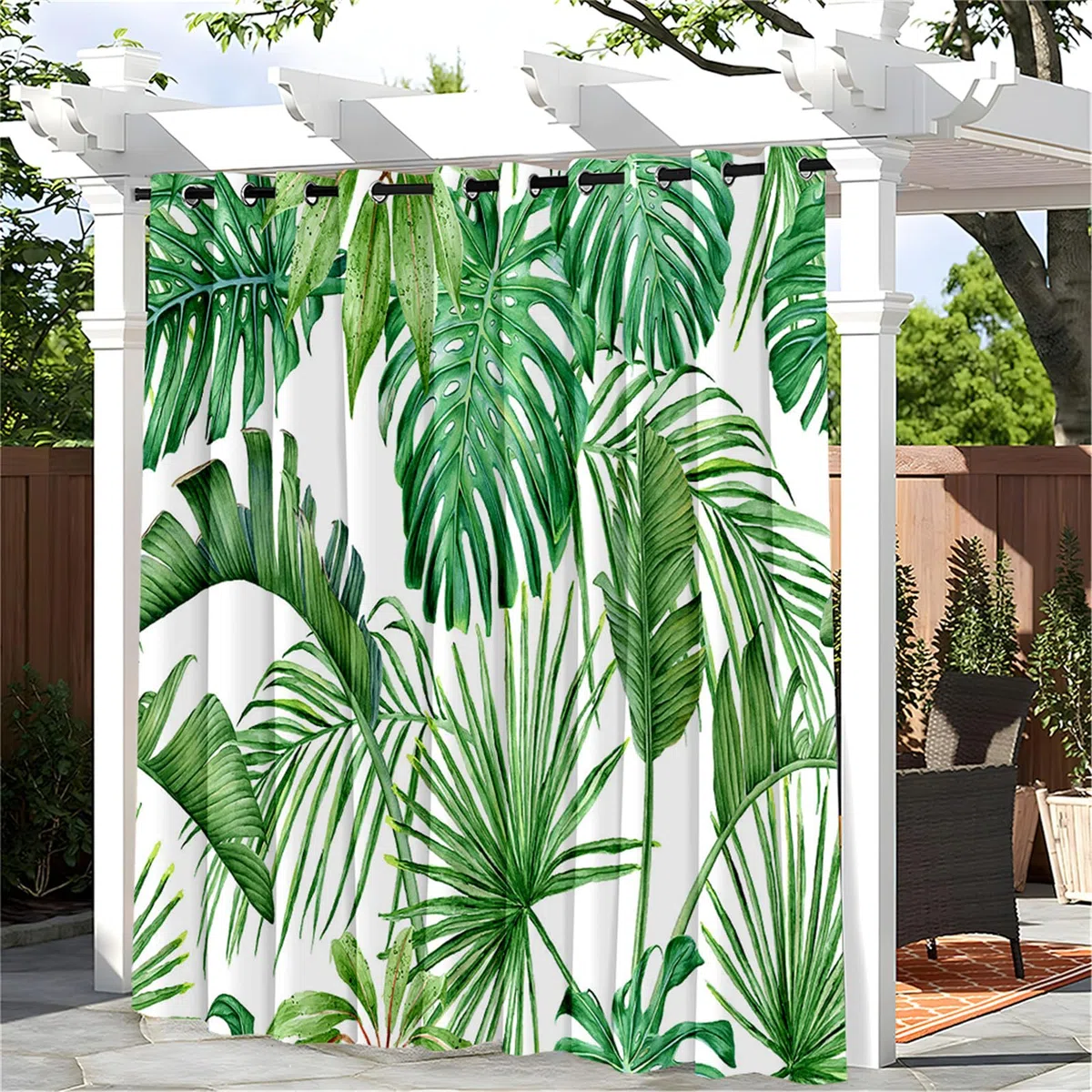 Hiseng Tende da Esterno con Anelli 1 Pezzi Stampa Pianta Fiore Tende da Sole per Esterno Tenda Oscurante Impermeabile per Balcone Giardino Pergola Protezione e Privacy (132x213cm,Bianco)