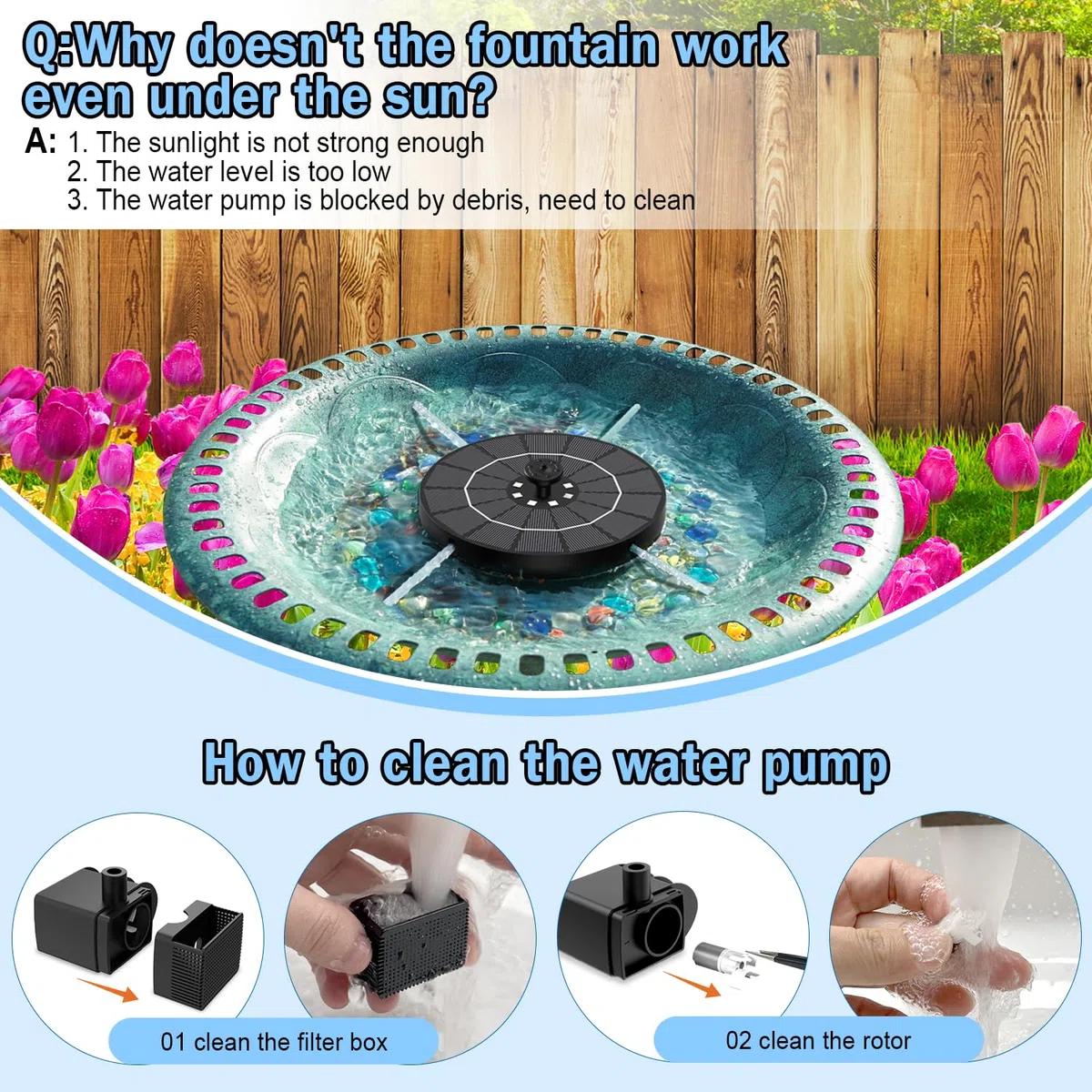 SZMP Fontana Solare 3.5W, 2026 Nuovo Pompa ad Acqua Solare con 2200mAh Batteria, 8 Luci LED Colorate Fontana da Giardino Esterno con 8 Ugelli e 4 Fissatori, per Bagno per Uccelli, Giardino Piscina