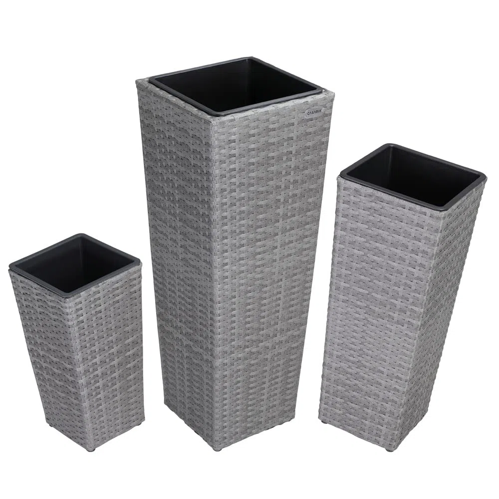 Deuba CASARIA® Set di 3 Vasi da Fiori in Polyrattan Intrecciato con Sottovaso e Foro Deflusso Acqua Richiudibile Vaso per Piante Effetto Rattan da Esterno Giardino Fioriere Fioriera