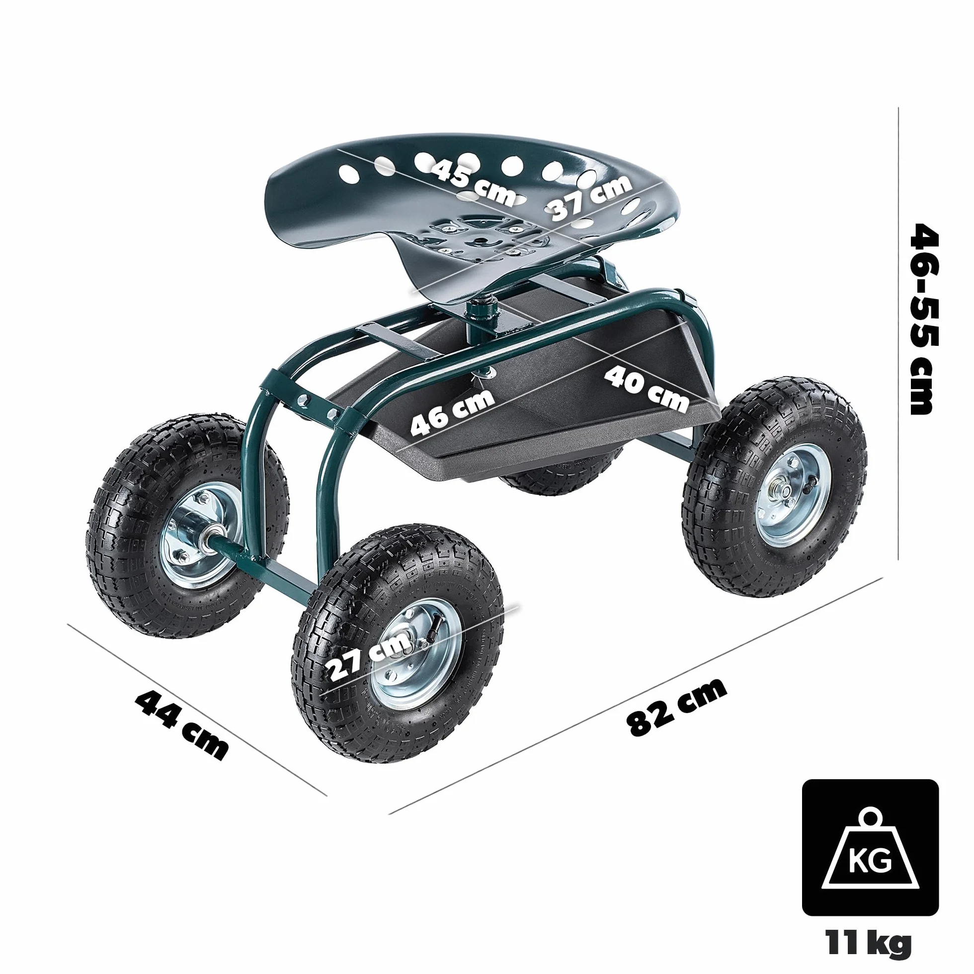 KADAX Sedia da giardino con ruote per giardinaggio, carrello da giardino con pratico ripiano, sedile da giardino mobile, sgabello da giardino con ruote (verde - nero)
