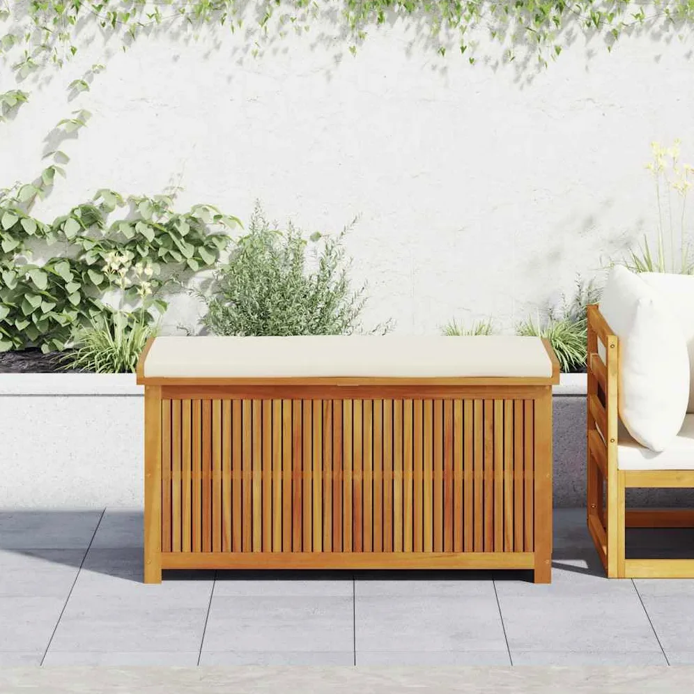 Scatola per cuscini esterni in acacia massiccia, 113 x 50 x 60,5 cm | Stoccaggio da giardino, borsa impermeabile integrata, doghe aperte, coperchio antipolvere
