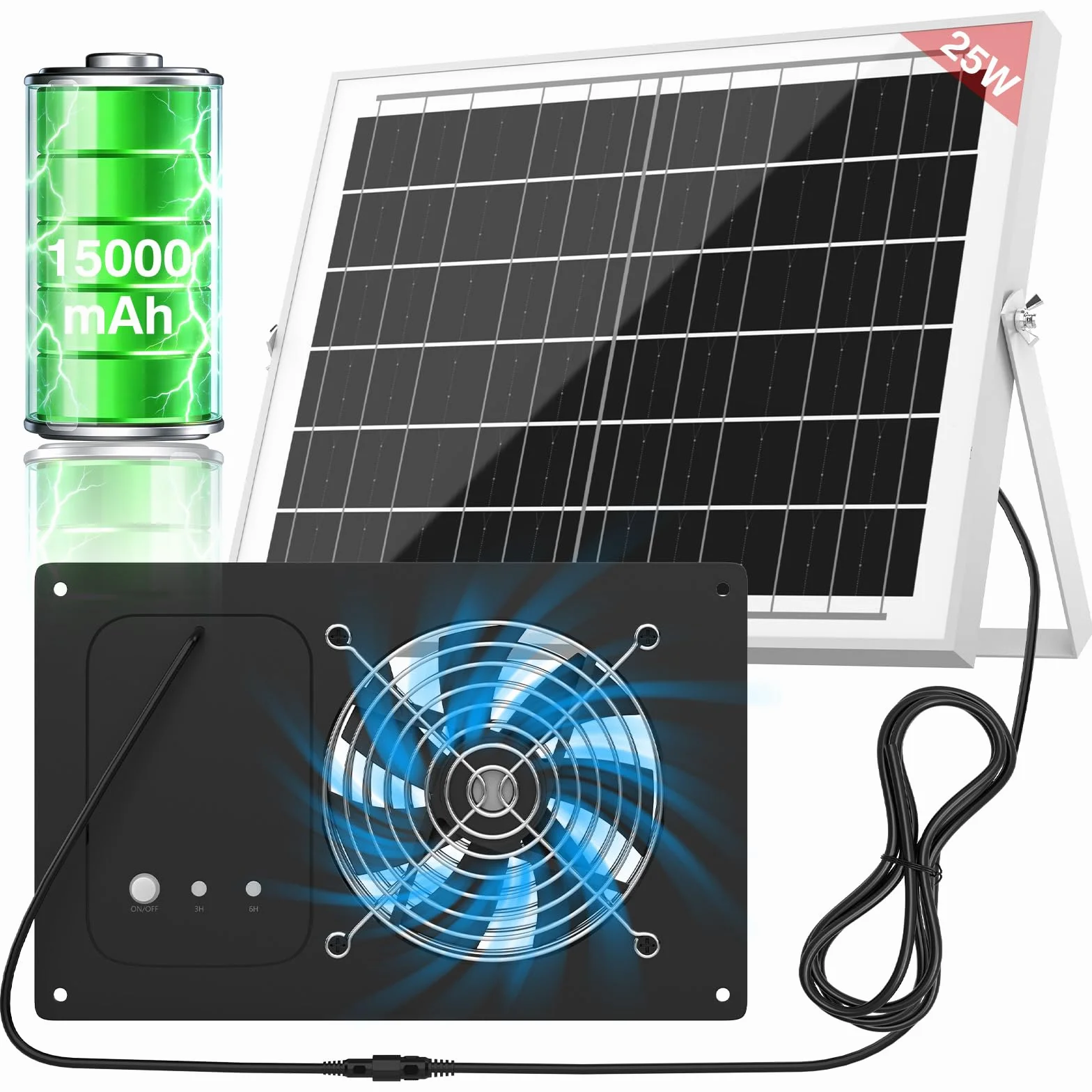 Ventilatore solare con batteria da 15000 mAh e timer, 25 W, 3500 giri/min, ventola di scarico solare ad alta velocità, silenziosa e impermeabile, per pollaio, serra, capanno e casa di animali