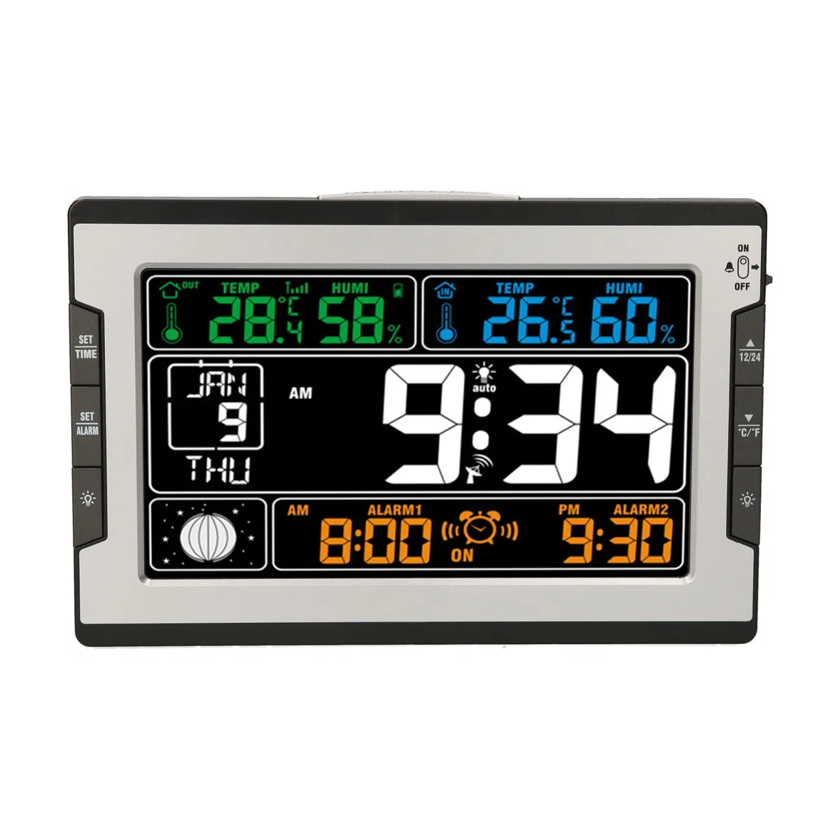 Orologio Digitale per Temperatura Interna ed Esterna, umidità, termoigrometro, igrometro, Ampio Display a Colori, retroilluminazione, Calendario perpetuo, Fase lunare, Allarme