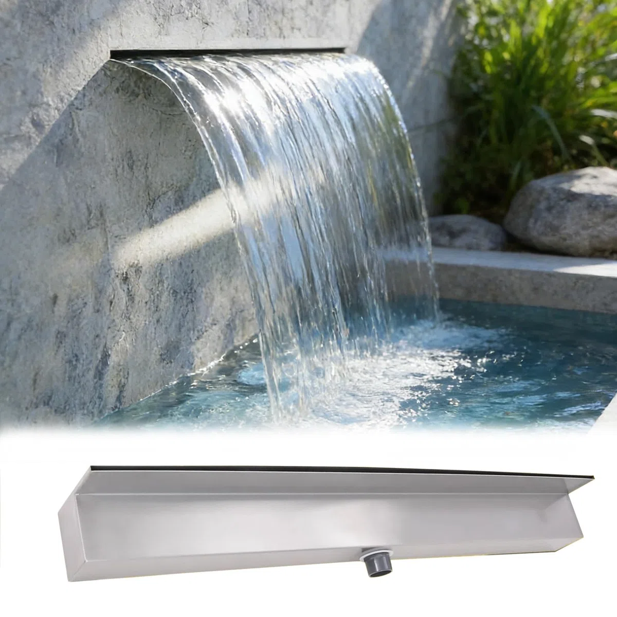 Fontana a cascata da esterno - Cascata in roccia in acciaio inossidabile resistente da 60 cm per laghetto da giardino, cascata antiruggine con raccordo per tubo, ideale per piscine e giardini.
