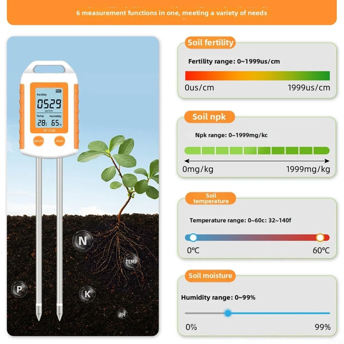 KiraKira Strumento portatile 6 in 1 per test del suolo, NPK, misuratore di temperatura e umidità del pH, misuratore di fertilità da fattoria da giardino, per grande schermo LCD