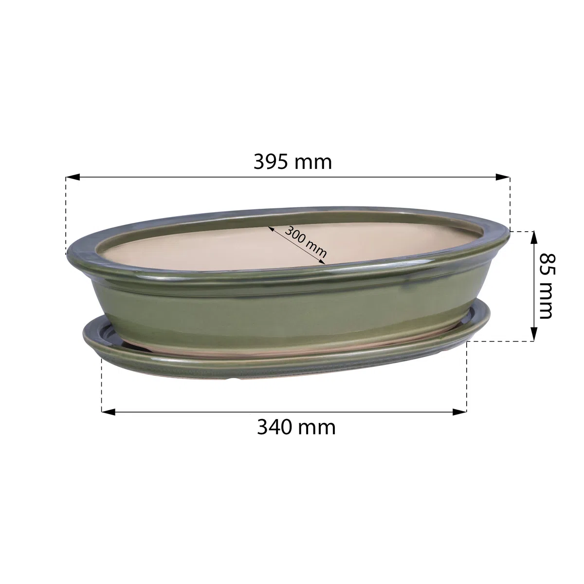 Vaso per bonsai/fiori, da giardino, in ceramica/terracotta, con sottovaso, verde, 6 misure (40)