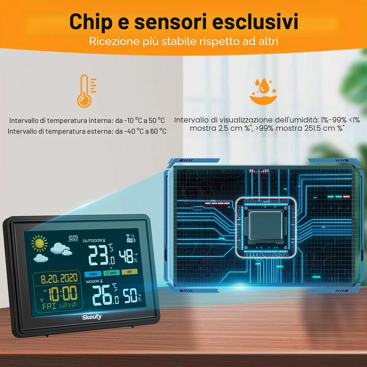 Skeufy Stazione meteo e radio con sensore esterno, temperatura interna ed esterna, umidità, previsioni meteo, barometro, display digitale a colori, orologio radio DCF