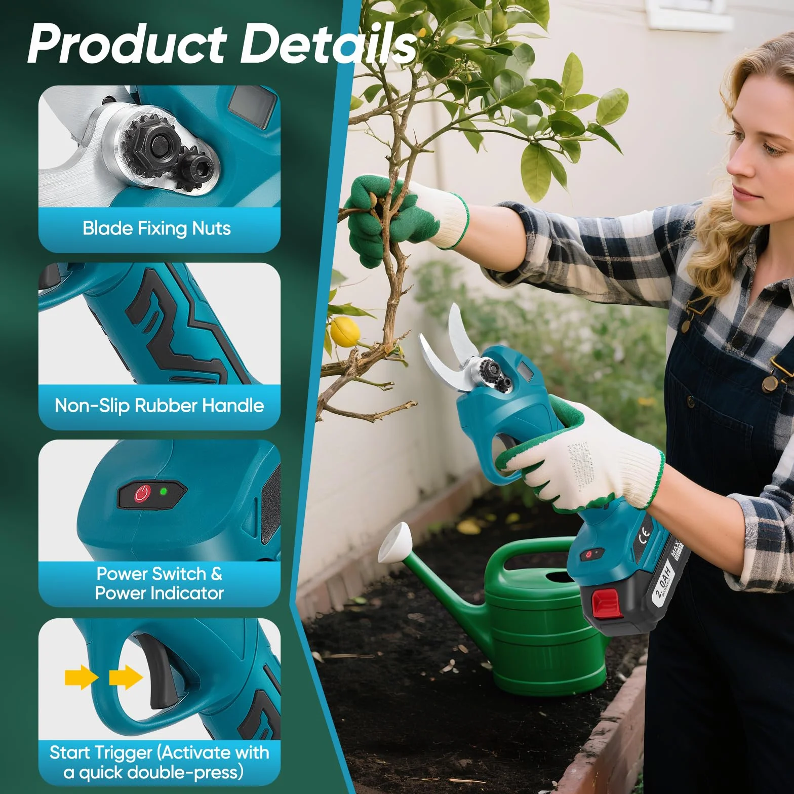 Troncarami a batteria, diametro di taglio 30 mm, cesoie elettriche da giardino con 2 batterie da 2000 mAh e 1 paio di lame di ricambio, display LCD, forbici da giardino brushless per rami