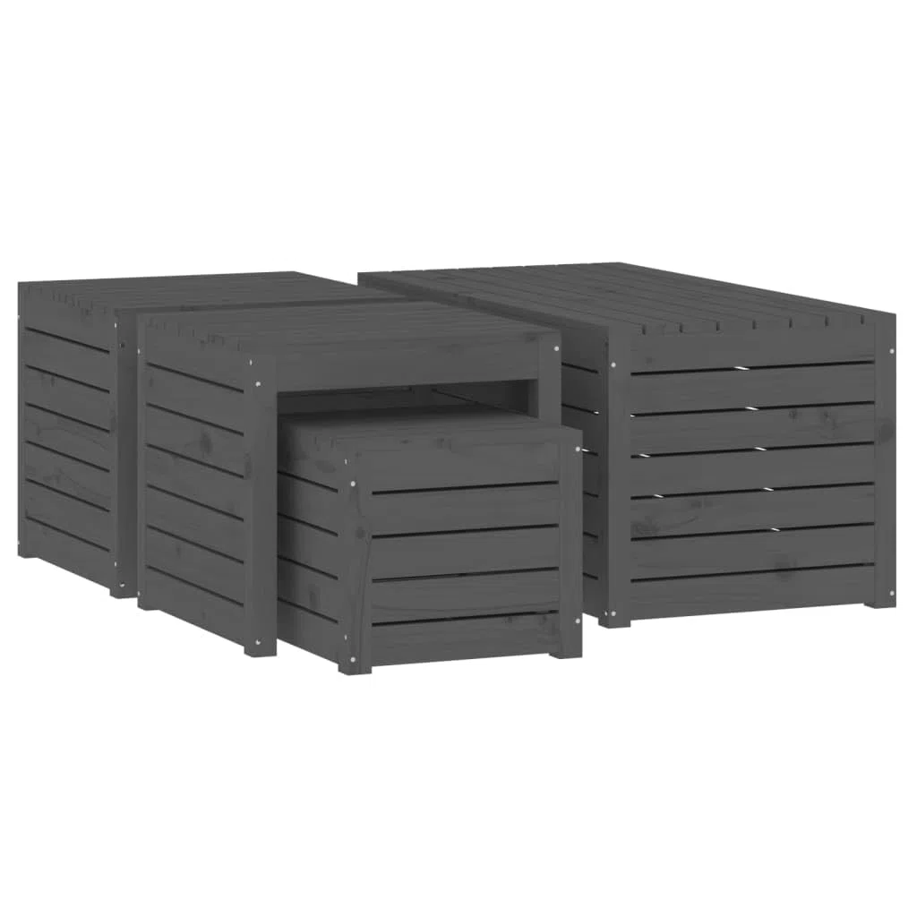 Set di 4 scatole da giardino in legno di pino massiccio grigio, contenitore esterno con coperchio per giocattoli e attrezzi, grande capacità di stoccaggio per cuscini