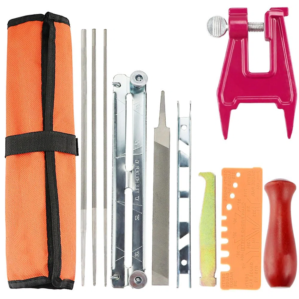 Affilatura per Motosega Kit, Affila Catena Motosega Kit, Affilatura Lama Motosega Kit, con 1 Lima Piatta 3 Lima Rotonde e Morsa per Ceppo per Motosega, per Affilatura e Limatura di Motoseghe
