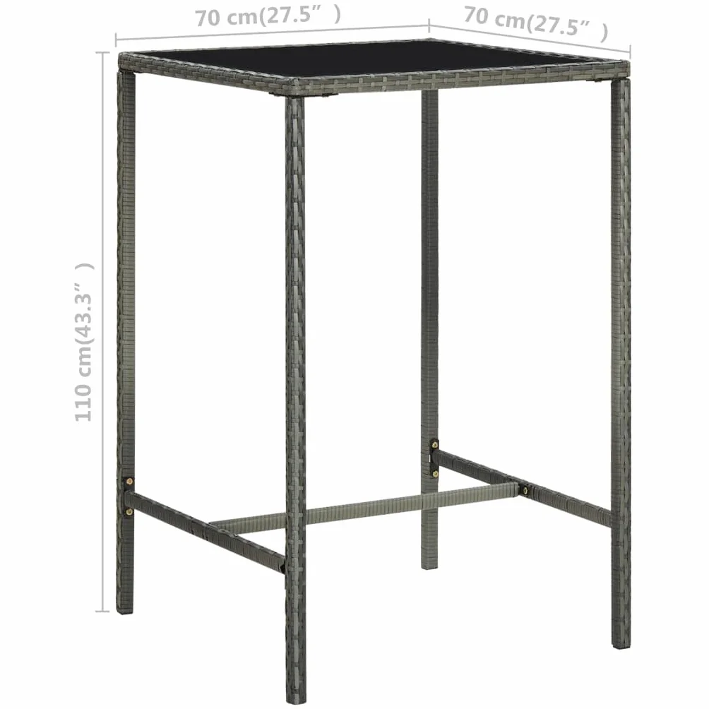 Tavolo da Bar da Giardino Grigio 70x70x110 cm Polyrattan Vetro,Tavolo da Bar da Giardino in Polyrattan, Resistente Alle Intemperie, per Esterni e Interni Tavolini da Caffé