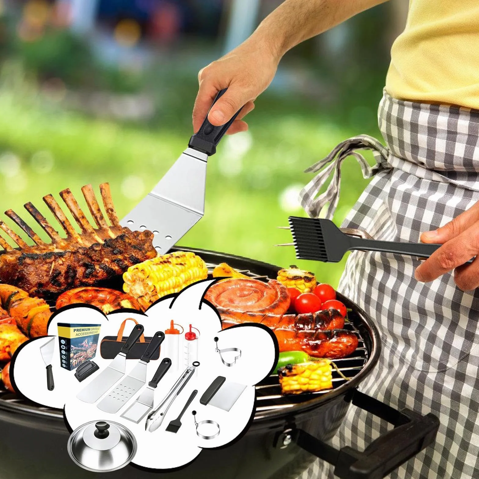 Set di utensili da cucina per esterni, 14 pezzi, in acciaio inossidabile | portatile, per campeggio, giardino, verdure, gamberi e carni