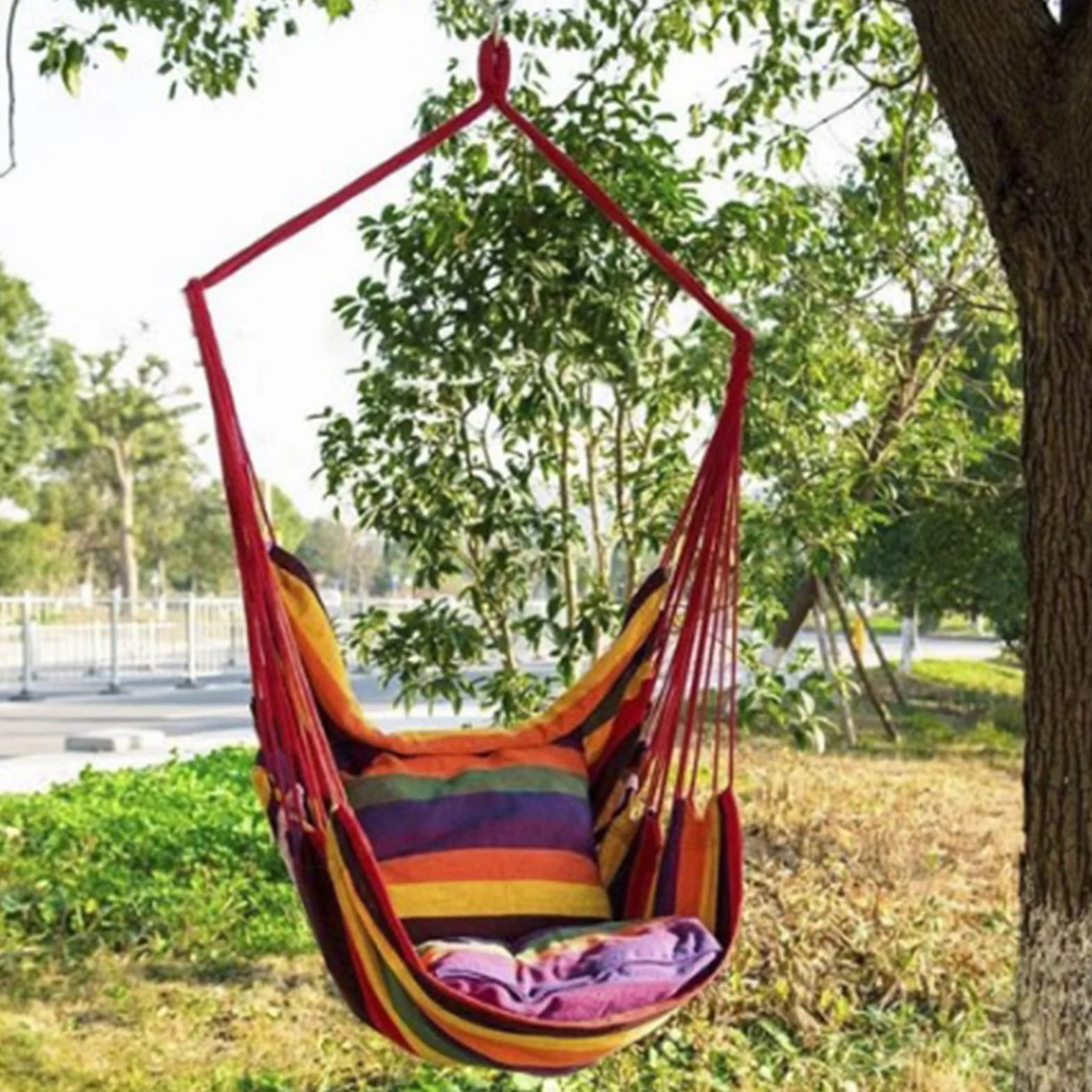 Sedia Sospesa Altalena per Amaca da Esterno in Tela, a Strisce Colorate, Pieghevole Portatile, 100x130cm, per Giardino
