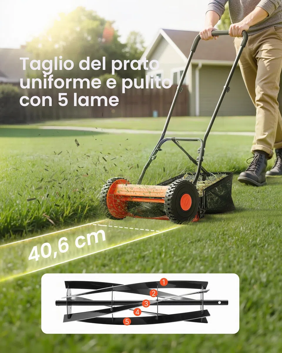 VEVOR Tosaerba a Spinta Manuale con 5 Lame Larghezza di Taglio 400 mm, Senza Motore, Altezza di Taglio Regolabile da 15-45 mm, Rasaerba a Spinta con Sacco Raccoglierba per Giardino Prato