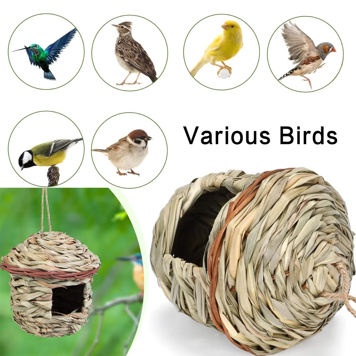 2 Pezzi Nido Uccello Erba Casetta, Casa Degli Uccelli di Paglia, Nido per Uccelli Selvatici All'aperto, Casetta Uccellini da Esterno per Uccellini Come Colibrì, Merli, Passeri e Cinciarelle