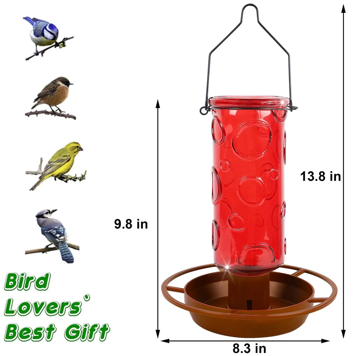 Juegoal Abbeveratoio per uccelli selvatici in vetro, 880 ml, per esterni, refrigeratore d'acqua con manico in metallo da appendere, decorazione esterna per giardino, albero, cortile, rosso