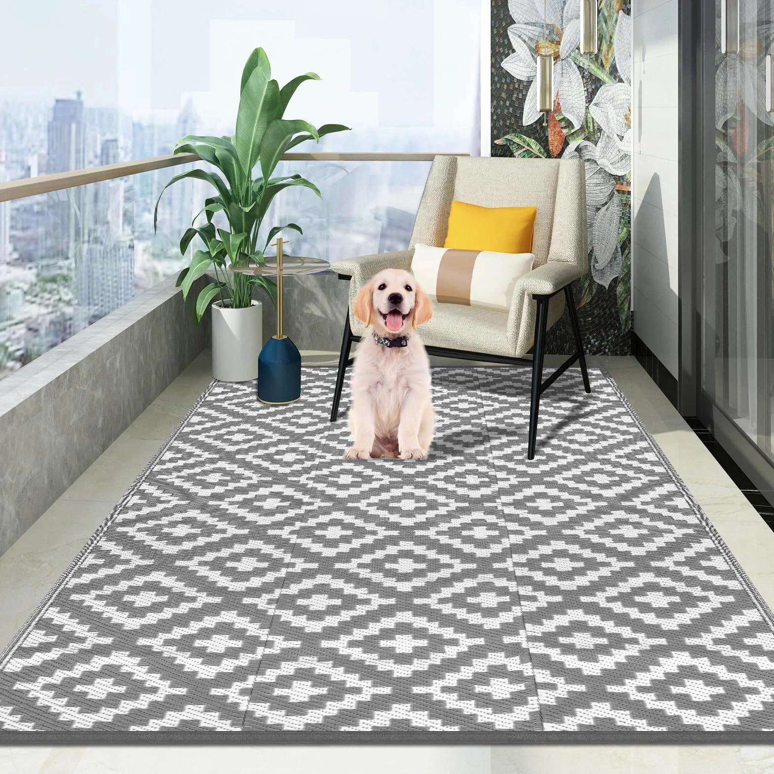 Tappeto da Esterno Impermeabile, Tappeto per Esterno 120 x 180 cm in Plastica Intrecciata, Resistente ai Raggi UV, Reversibile, Pieghevole e Lavabile per Giardino