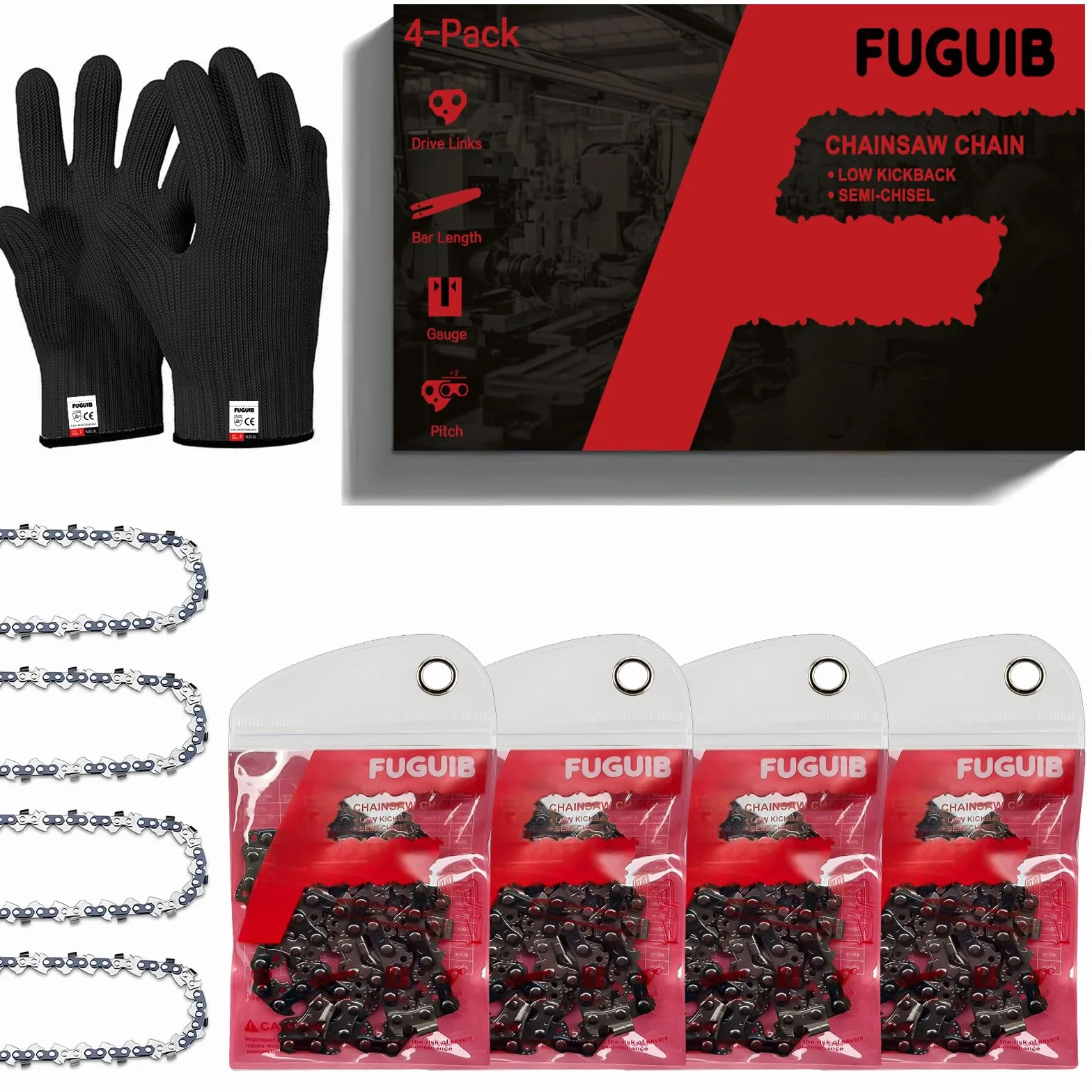 Set di 4 Catene per Motosega da 50 cm (20 pollici), Passo da 1,5 mm (.325"), 76 Maglie Con Guida a Catena da 50 cm, Compatibile con Parker PCS6200, PCS5800