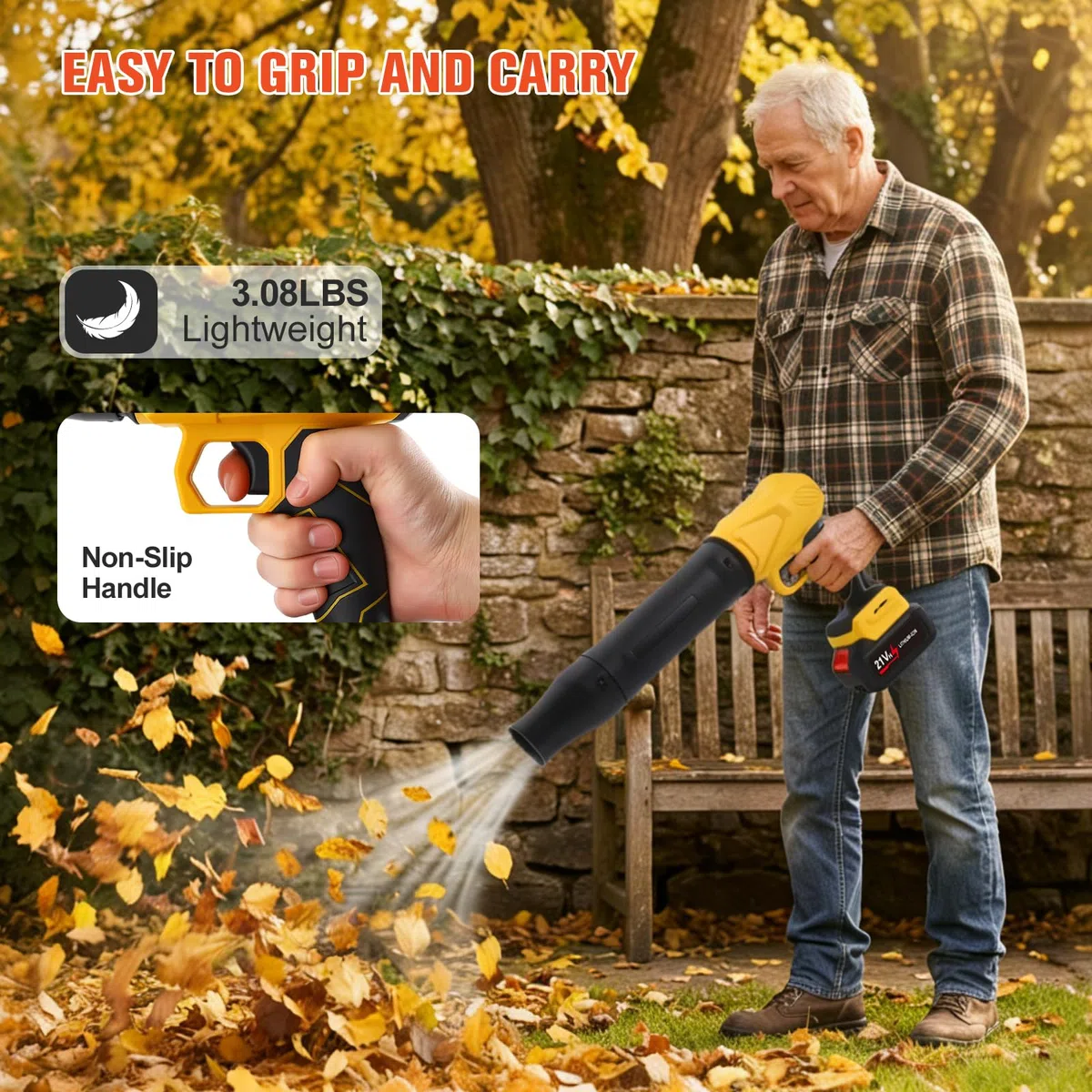 Soffiatore Foglie a Batteria, Motore Brushless con 2 Batterie da 4,0 Ah, Max 48000 giri/min, Flusso d'aria 800 m³/h, 3 Ugelli, Soffiatore Elettrico Compatto per Foglie, Polvere, Giardino