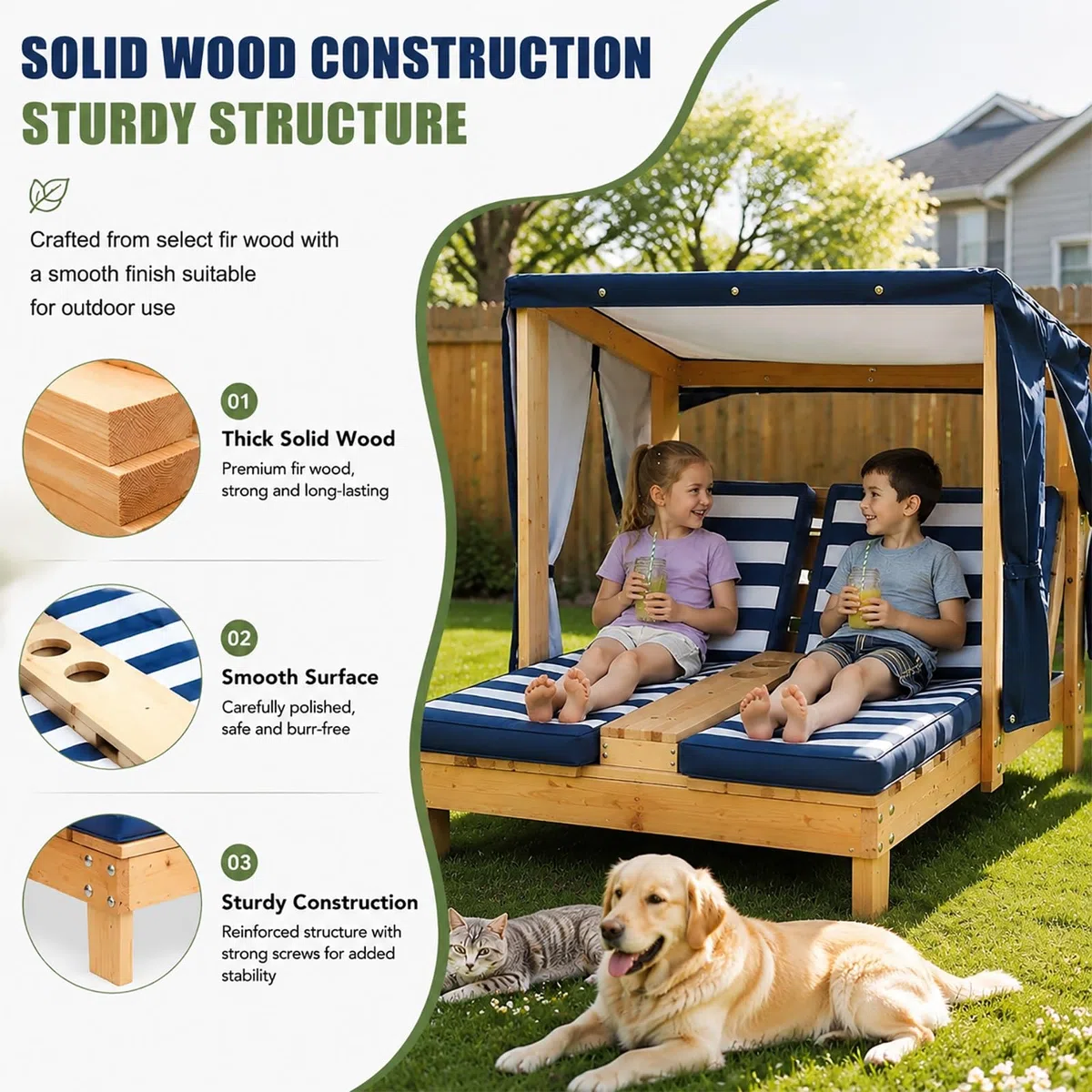 Sdraio Doppia per Bambini con Cuscino & Parasole Integrato | Lettino Da Giardino Per Bambini in Legno, Sdraio per Spiaggia & Balcone & Bordo Piscina(Blue)