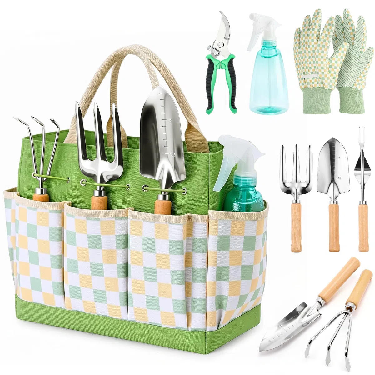 Set di attrezzi da giardinaggio, 9 pezzi, resistenti, con borsa resistente, attrezzi da giardino ergonomici resistenti alla ruggine, ideale come regalo per donne, giardinieri, giardinieri principianti