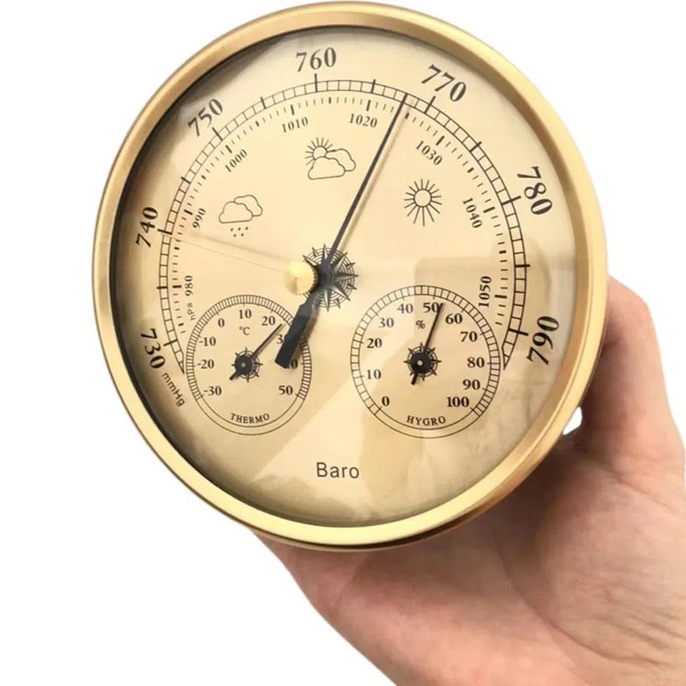 Zilimontt Barometro analogico con termometro e igrometro, stazione meteo 3 in 1 per interni ed esterni, telaio in acciaio inossidabile (oro), design orientato all'utente per una facile lettura