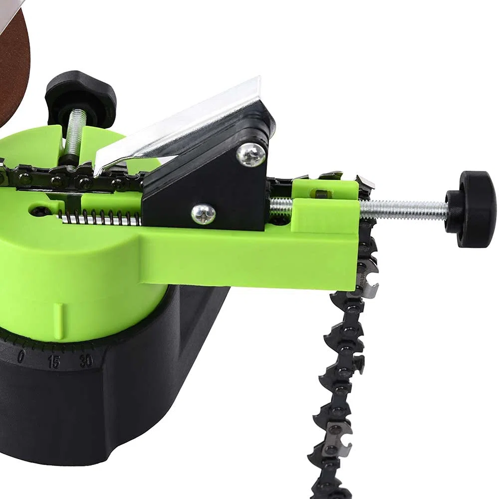 Bakaji Affilacatene Elettrico da banco per Catena Motosega Affila Catena con Serraggio Automatico e Angolo di Affilatura Regolabile Potenza 220 W 7500 Rpm 2Disco 108 mm Incluso