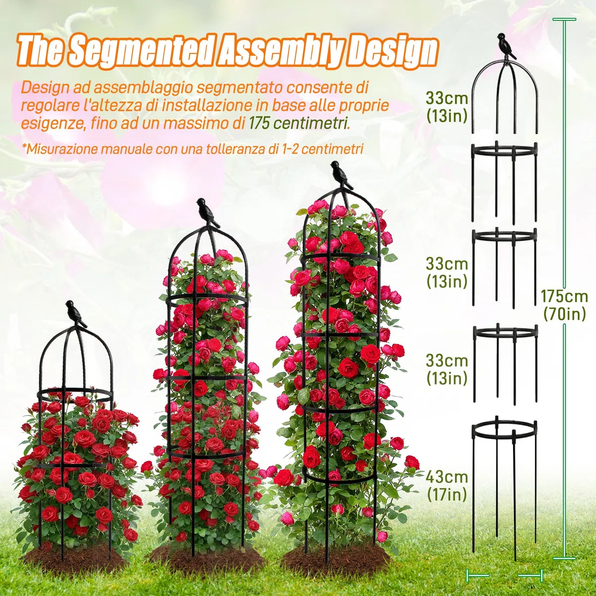 Obelisco da Giardino 175 CM per Piante Rampicanti - Griglia di Supporto Metallica da 6FT per Interni/Esterni, Ortaggi e Frutta