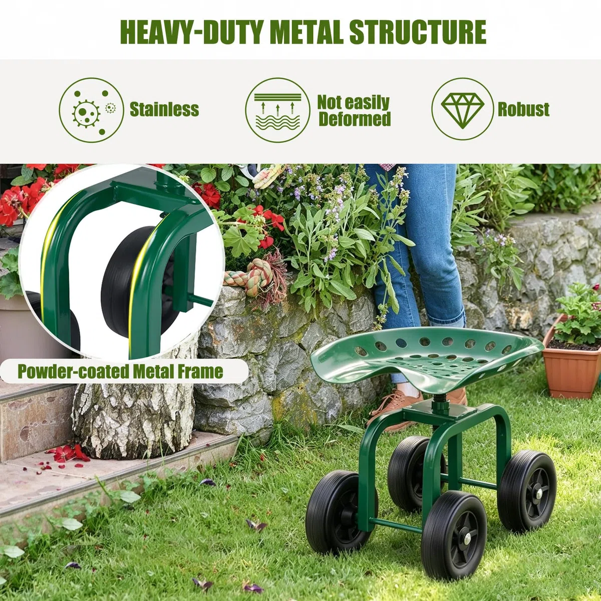 SOARS Sgabello con Ruote da Giardino, Sgabello per Giardinaggio con Sedile Girevole a 360° e Regolabile in Altezza, per Giardino, Prato e Cortile 465 x 310 x 400-500 mm, Portata 150 kg (Verde)