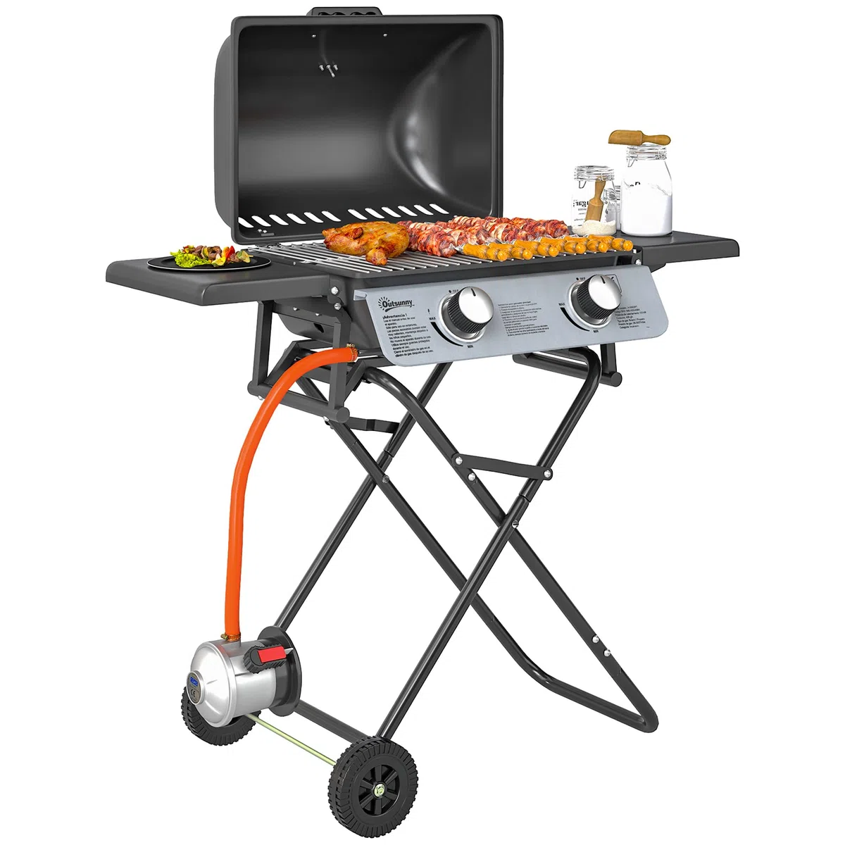 Outsunny Barbecue a Gas in Acciaio, BBQ a Gas a 2 Bruciatori da 2.8 KW con Coperchio, Termometro, Ruote, Griglie, Tavolino Laterale e Vaschetta Raccogli Grasso, Regolatore, Nero
