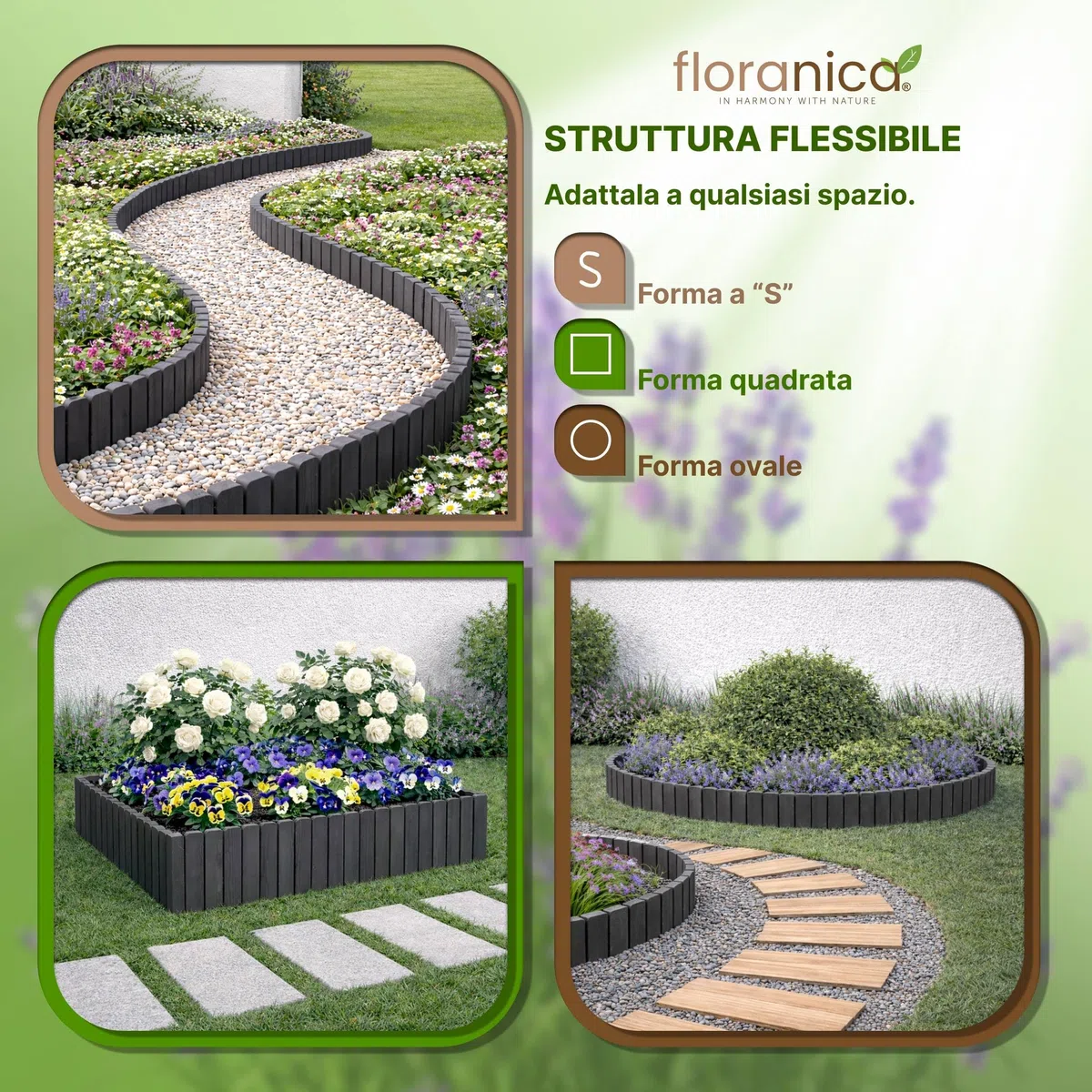 Floranica Bordura per prato 40 x 100 cm Grigio scuro Bordura per aiuole flessibile Staccionata in legno da piantare per prato