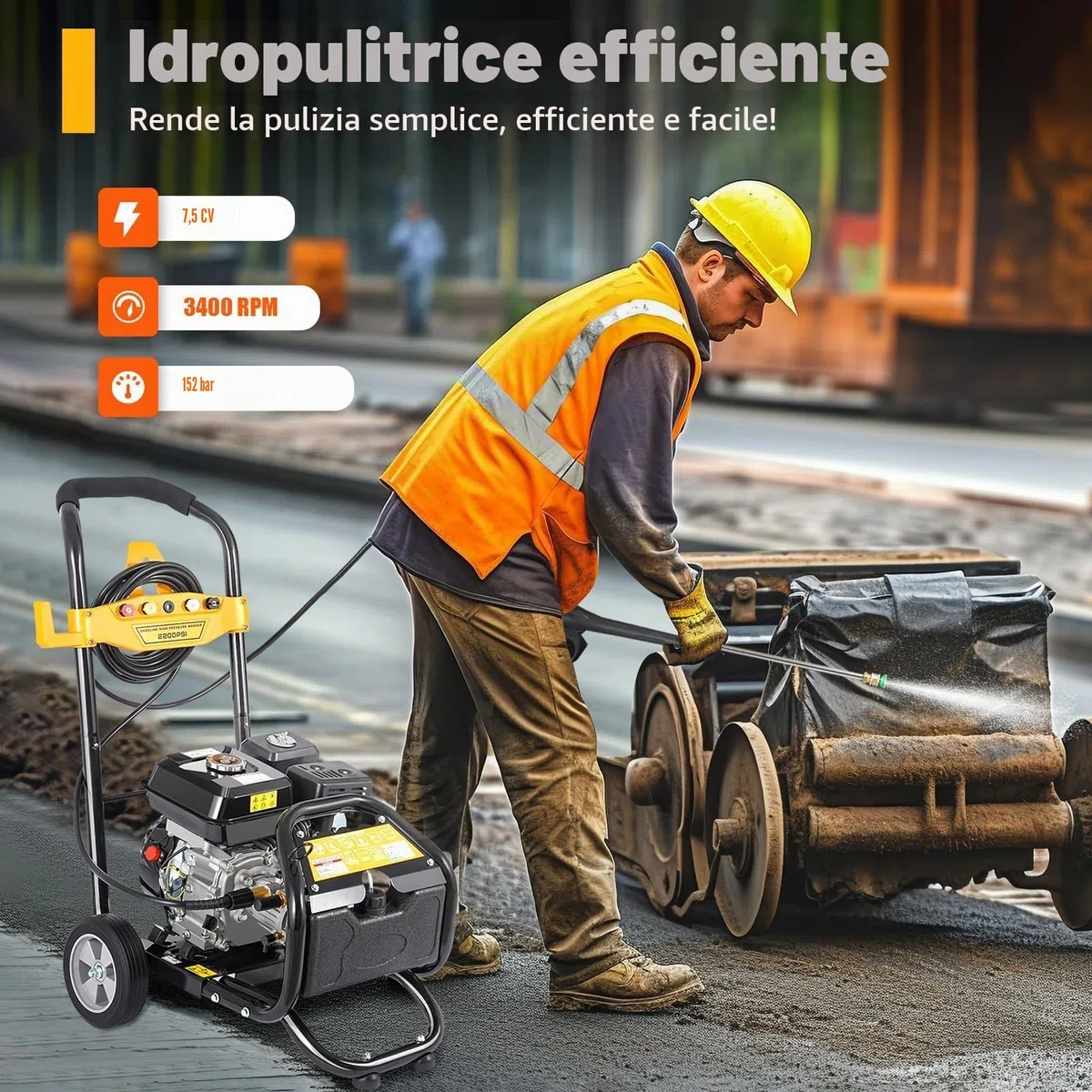 200 Bar Idropulitrice a Scoppio 4 Tempi 7,5 CV con 5 ugelli | Idropulitrice Benzina Auto Giardino Autoadescante con tubo da 10 m, 3400RPM 9 LPM