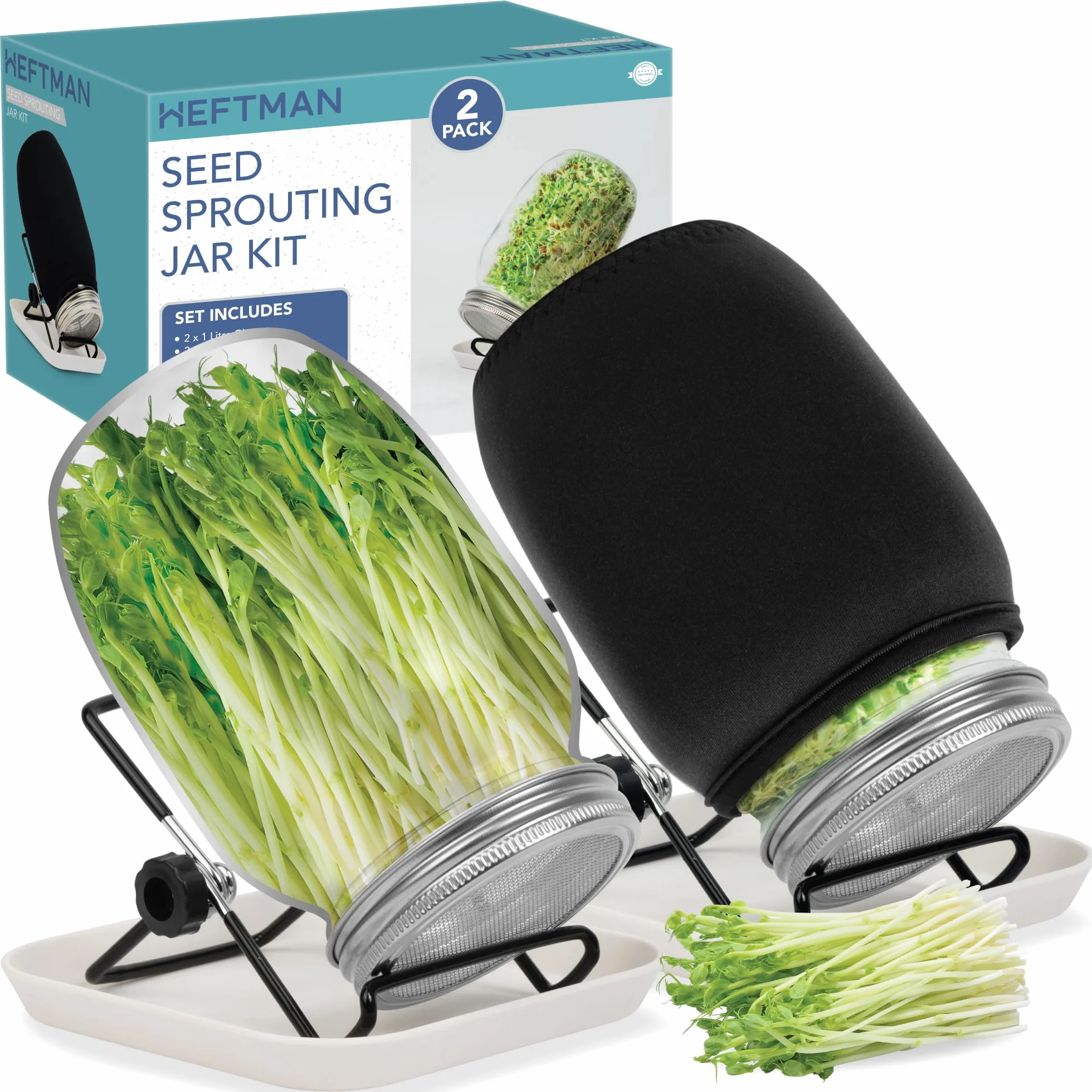 HEFTMAN Kit per germogliare i semi, confezione da 2 pezzi, kit per la coltivazione di microgreens, barattolo per germogliare con coperchi in rete, vassoio per germogliare, supporti, panni ombreggianti