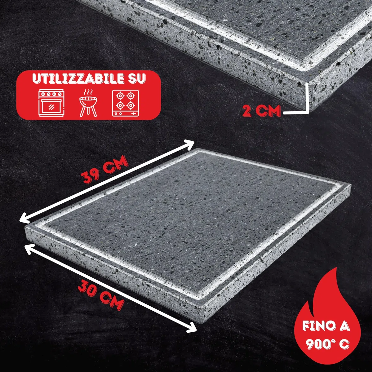 CUORE LAVICO - PIASTRA REFRATTARIA IN PIETRA LAVICA PER BARBECUE 39X30X2 CM CON SCANALATURA - COTTURA NATURALE MIGLIORE PIETRA OLLARE OTTIMA PER CARNE PESCE E VERDURE