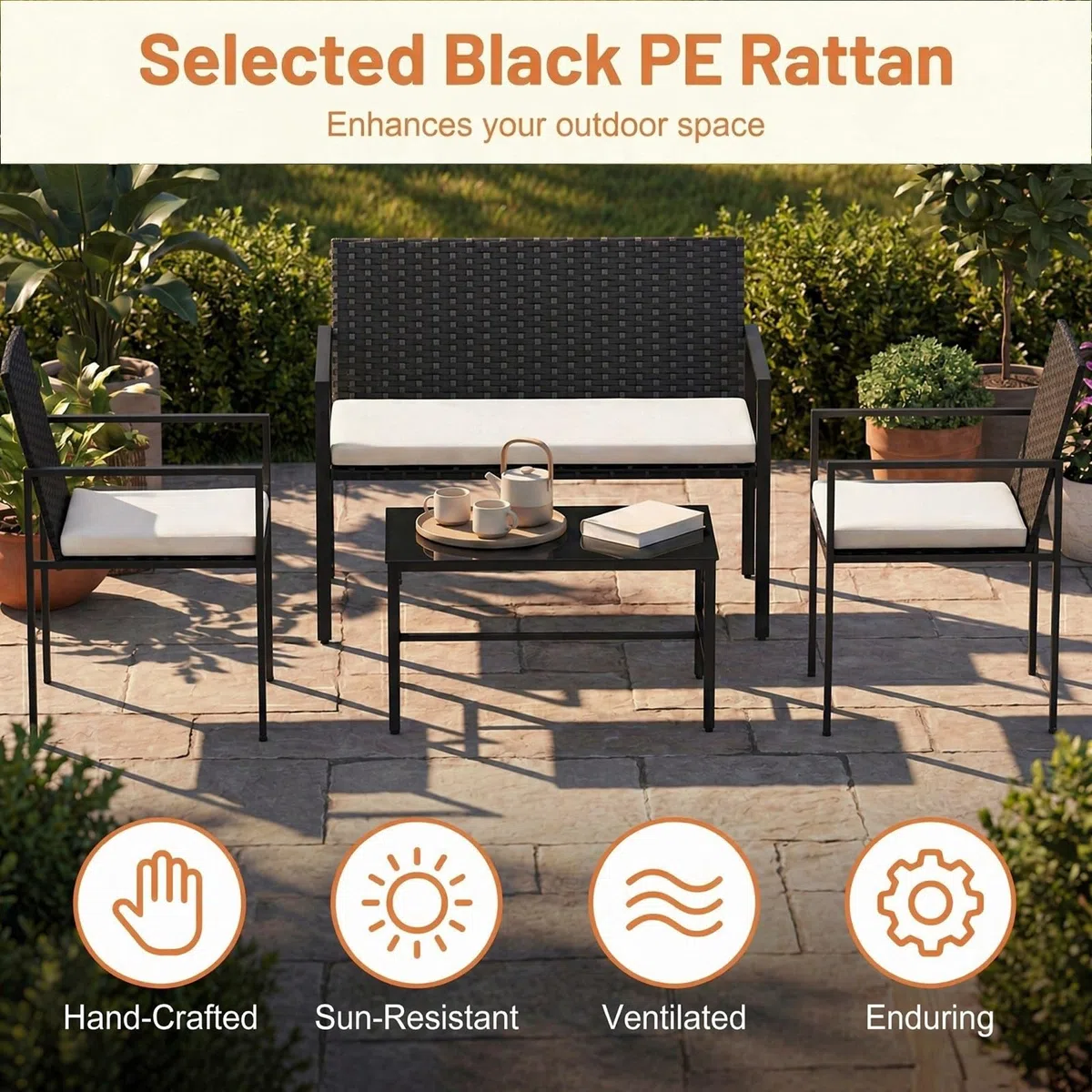 GIANTEX Set di Mobili da Giardino in Rattan per 4 Persone, Composto da 2 Poltrone e Tavolo in Vetro Temperato, Mobili Multiuso per Balcone, Terrazza e Veranda