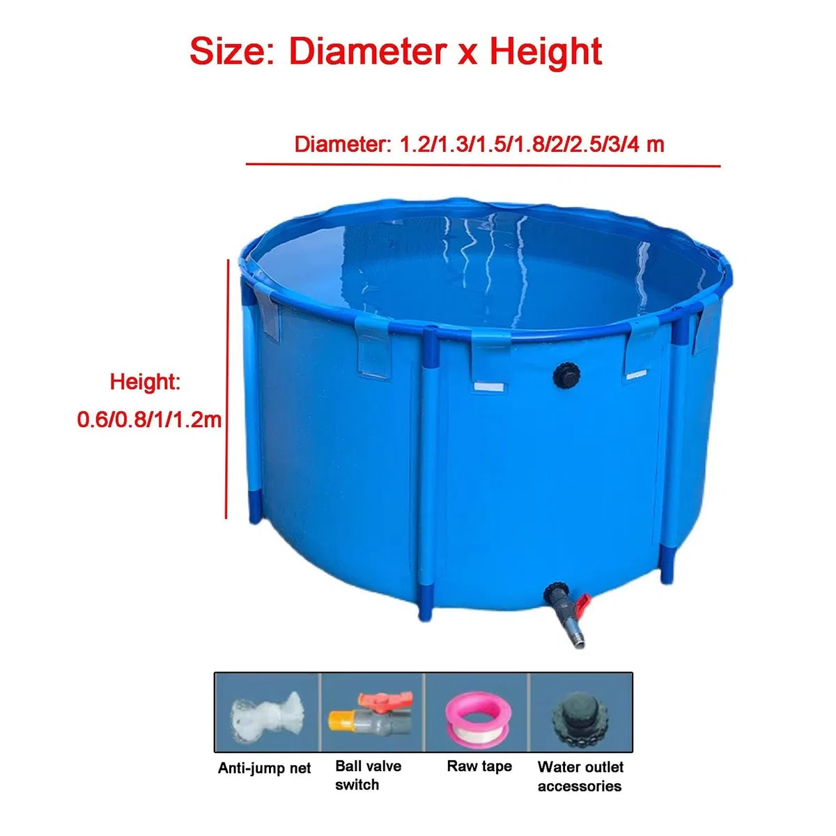 Piscina per pesci in tela fuori terra, vasca rotonda in PVC ispessimento con telaio resistente, grande stagno pieghevole in plastica resistente stagno per la coltura dell'acqua (1,8 x 0,6 m)