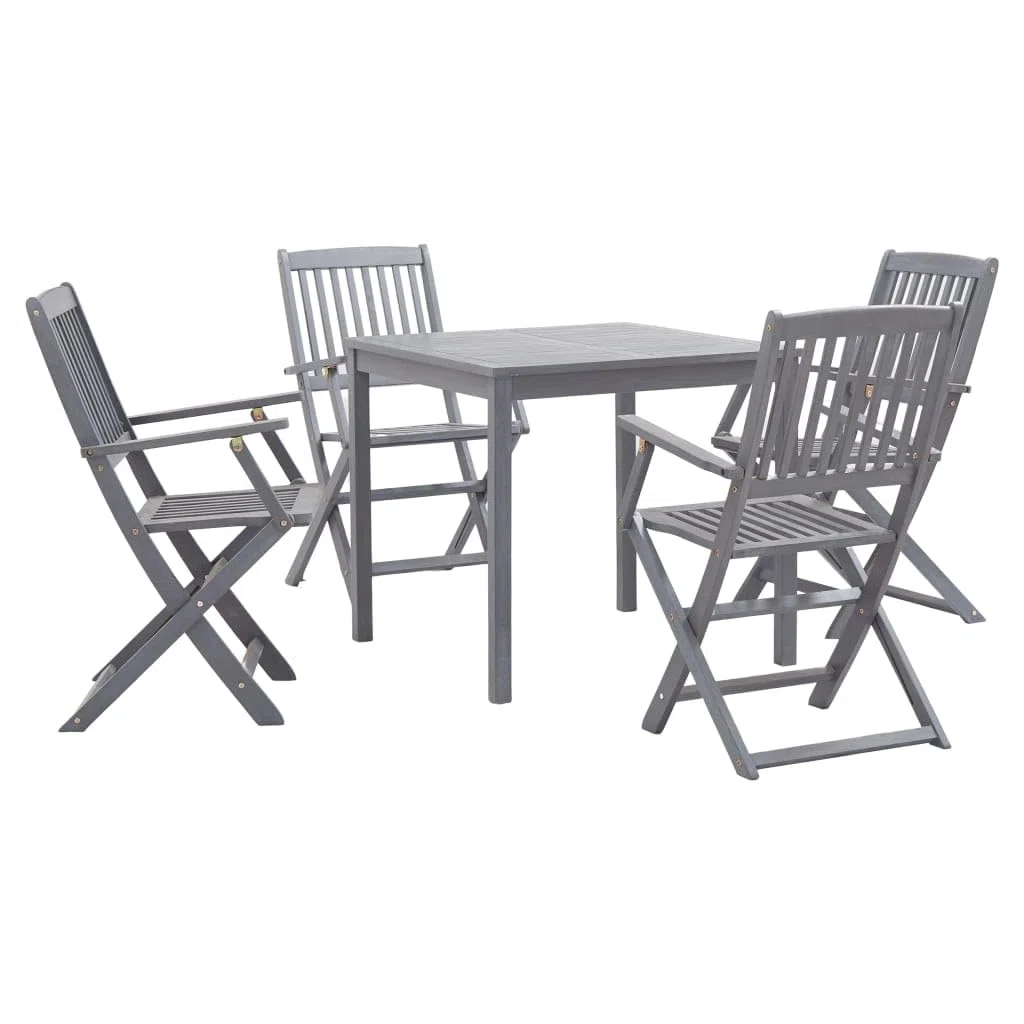 Set da pranzo da giardino in legno massello di acacia grigio con 1 tavolo da pranzo e 4 sedie pieghevoli, resistente alle intemperie e durevole, carico massimo 110 kg per seduta