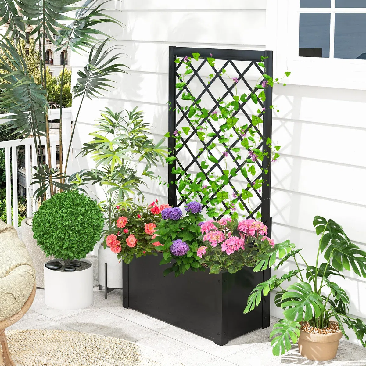 COSTWAY Letto da Giardino Rialzato con Traliccio, Fioriera in Metallo per Piante Rampicanti, Verdure, Viti e Fiori, Aiuola Elevata per Piante Esterno per Patio, Giardino e Balcone
