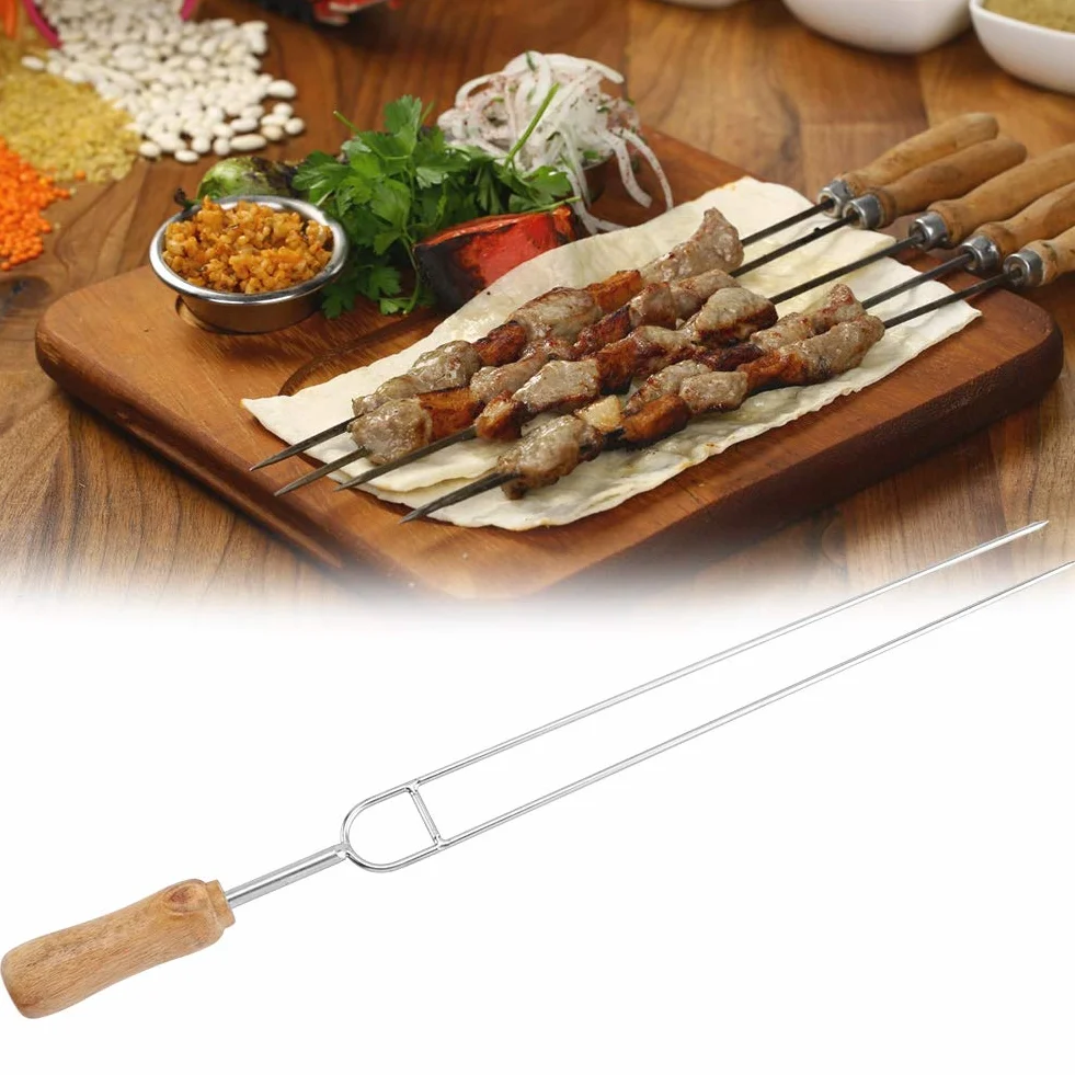 6pcs Fork lungo barbecue, acciaio inox doppio spiedino per barbecue, manico in legno riutilizzabile Spiedi barbecue bastoncini all'aperto per casa 40 cm