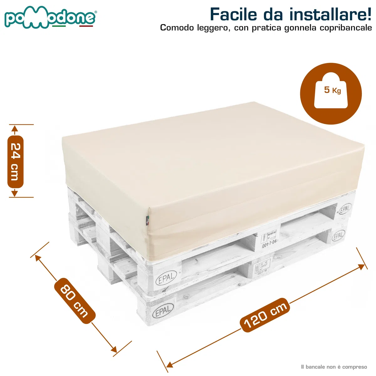 pomodone Cuscini per Pallet Legno Epal 120x80 Divano da Esterno Materasso per Bancale Europallet Impermeabile Lavabile in Ecopelle Resistente ai raggi UV Made in Italy (Bianco)