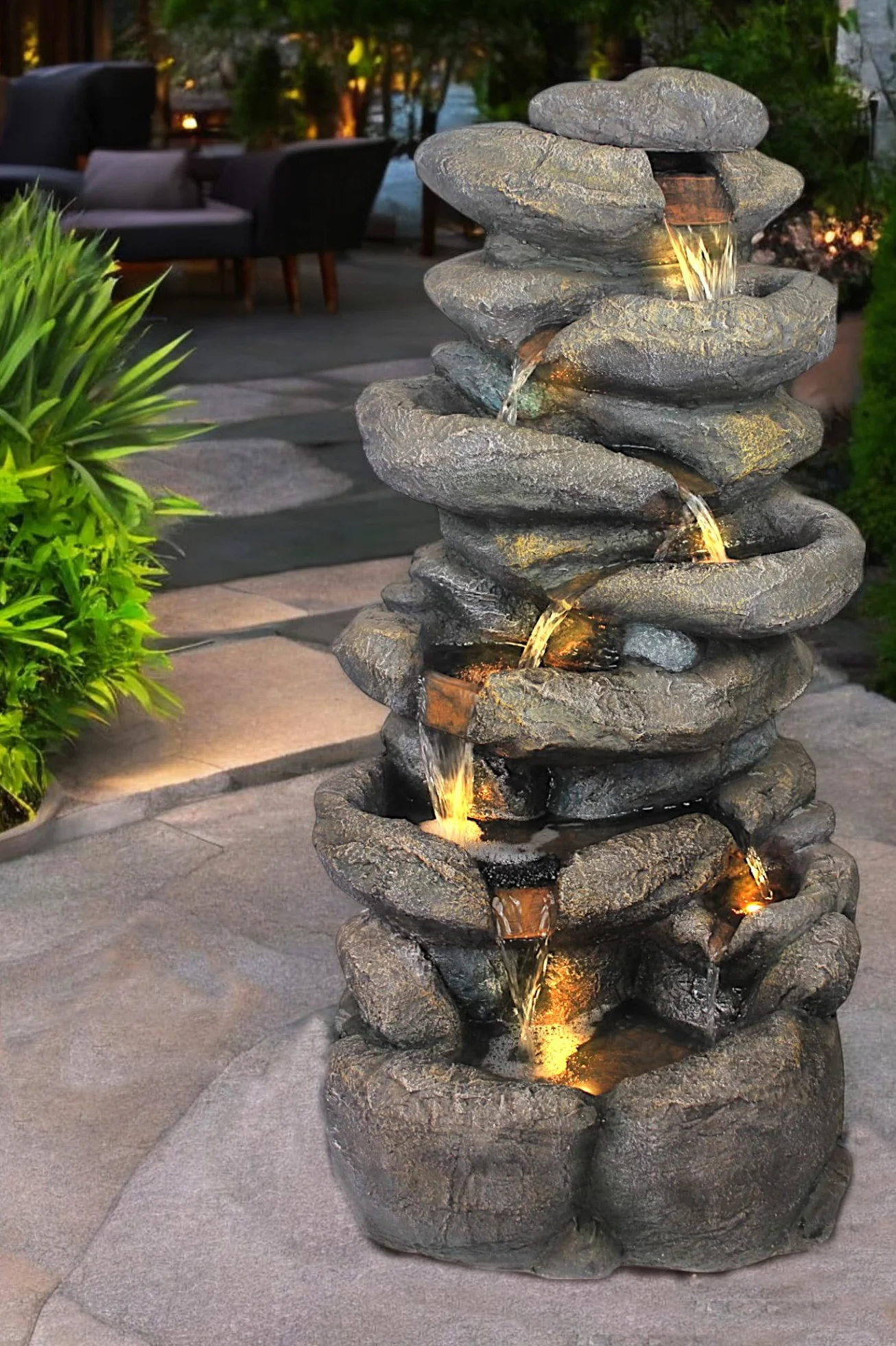 Grande Fontana da Giardino BK902 con Illuminazione LED, Fontana a Cascata in Stile Roccia, Grande Decorazione da Giardino, Aspetto in Pietra, 100 cm