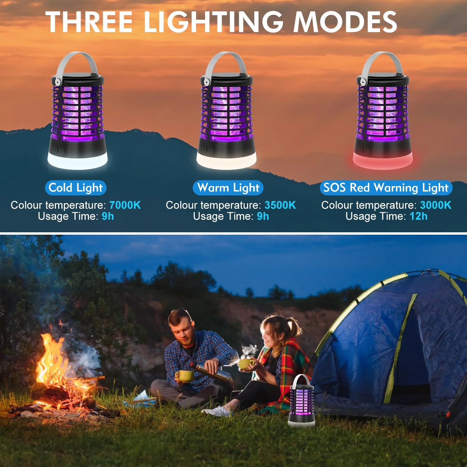Lampada Antizanzare da Esterno, Ammazza Zanzare Elettrico 2000V per Campeggio con Luce LED, Trappola per Zanzare Ricaricabile USB-C, IP66 Impermeabile, Batteria 2200mAh, per Giardino e Terrazza
