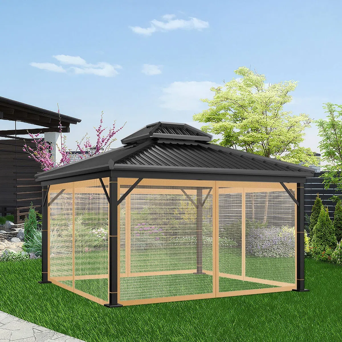Gazebo, Zanzariera, Rete per Gazebo da Esterno, Ricambio, Universale, 4 Pannelli, Pareti Laterali con Cerniera, Zanzariera Impermeabile, 3 x 3 m, Marrone