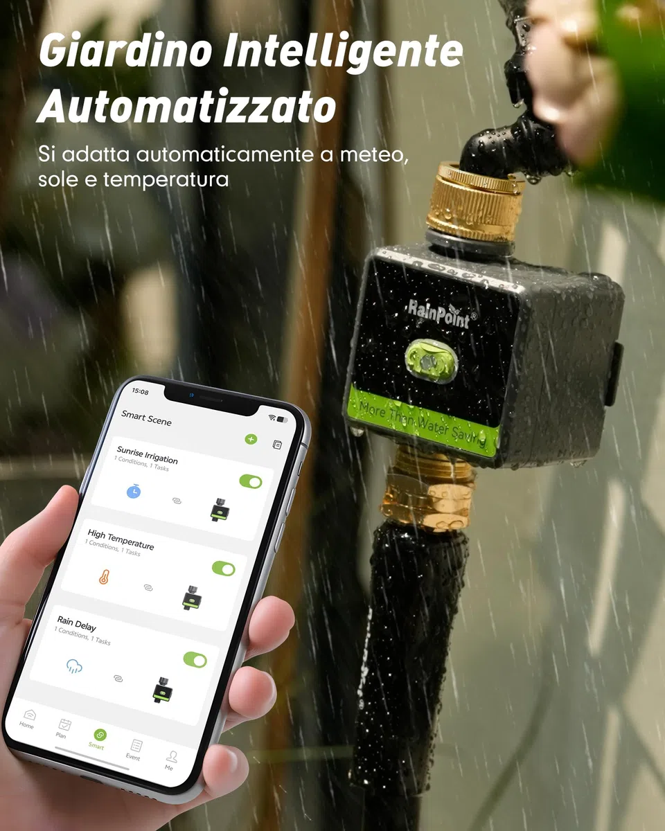 RAINPOINT Centralina Irrigazione WiFi, Timer Irrigazione Smart con Entrata e Uscita in Ottone e Gateway 100m, Sistema di Irrigazione Automatico per Giardino e Prato, Nero