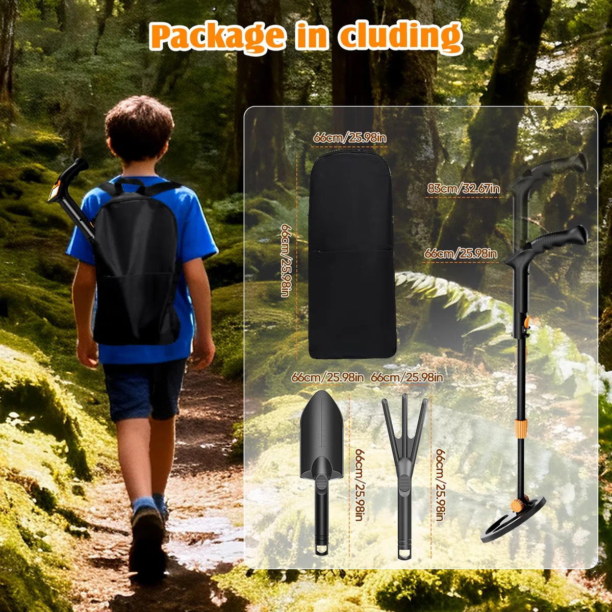Metal Detector Bambini, Metal Detector per Bambino Leggero con Asta Regolabile 66-83 cm, Display LCD e Bobina di Ricerca Impermeabile, Pala, Rastrello, Setaccio e Borsa, Arancione
