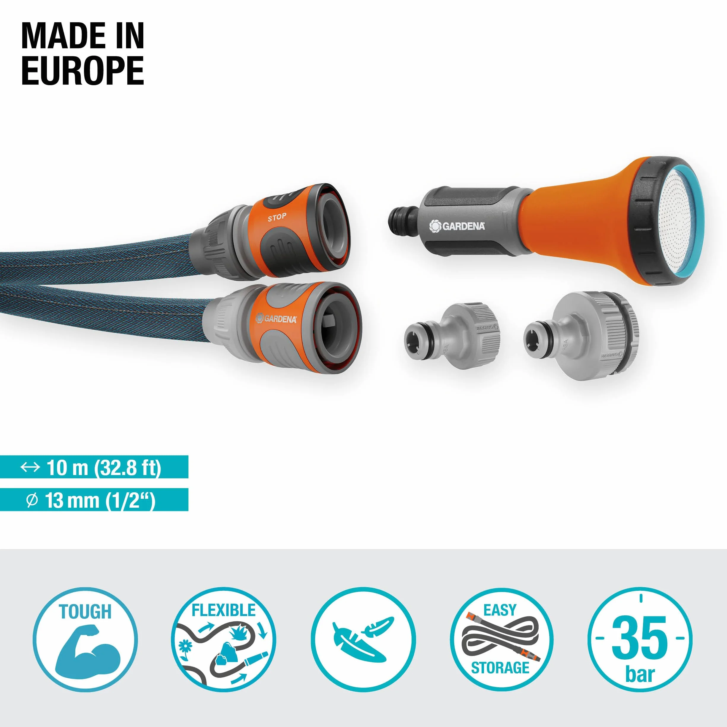 Gardena Tubo Acqua da Giardino Liano Xtreme 10 m, 13 mm (1/2") : Flessibile e Estremamente Resistente, Compatto e Leggero, Set con Raccordi Rapidi e Lancia Irrigazione con Getto Regolabile (18460-20)