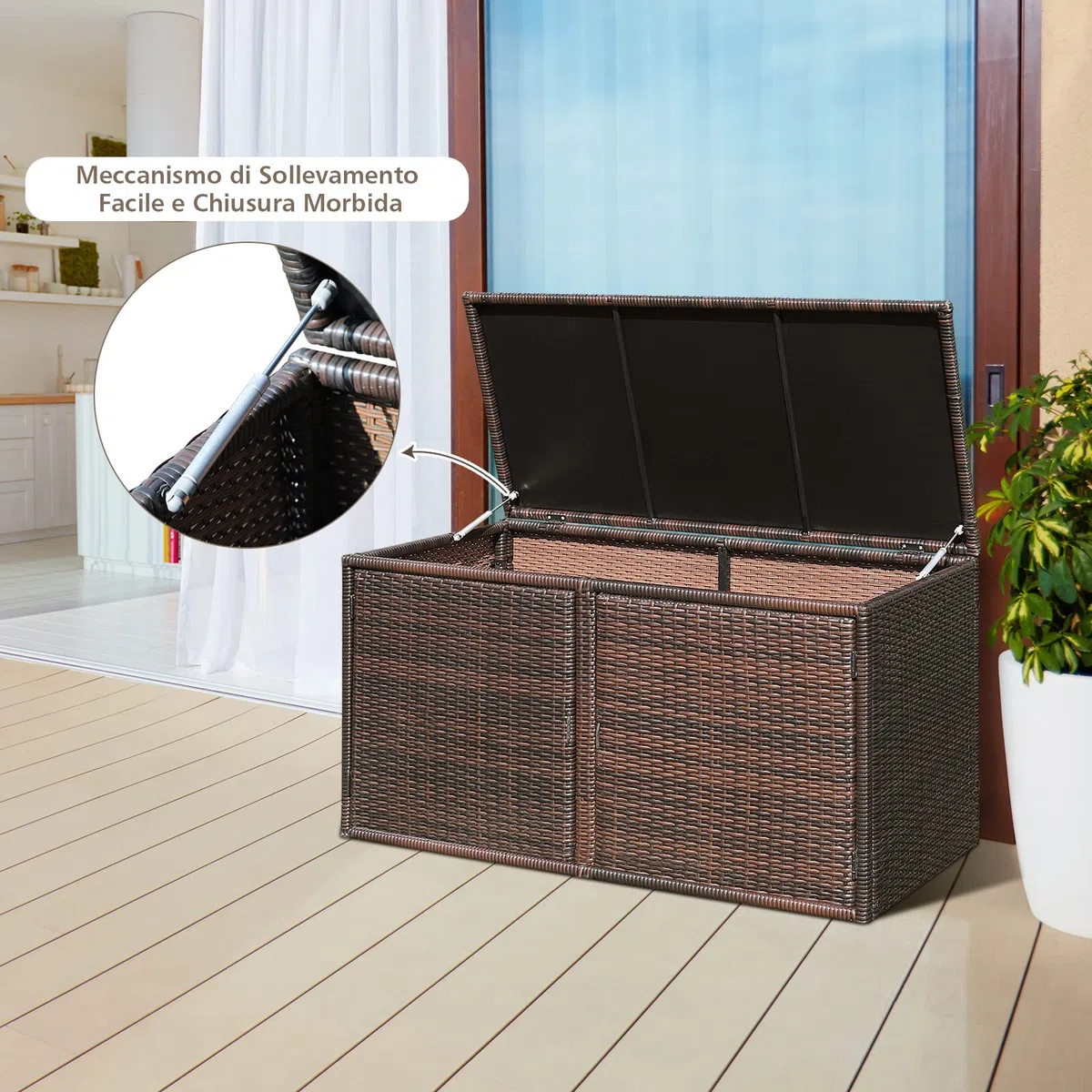COSTWAY Baule Contenitore da 335L, con Coperchio e 2 Ripiani, Contenitore da Giardino con Telaio in Acciaio, Box per Conservazione di Attrezzi Giocattoli Accessori (Marrone)