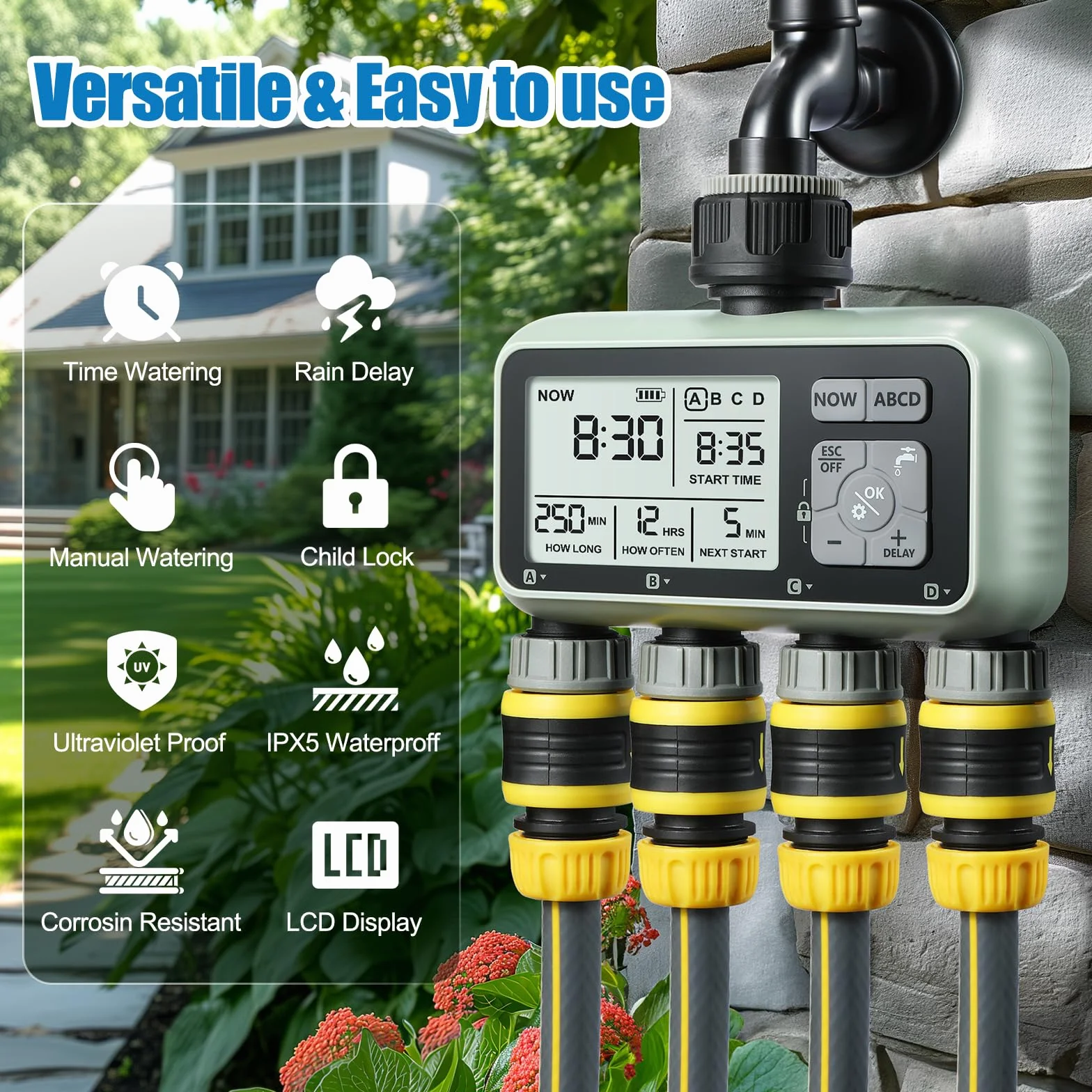 CROSOFMI 4 Vie Timer Irrigazione Automatica Digitale Centralina Irrigazione Temporizzatore Programmatore Irrigazione Giardino /IPX5 Impermeabile/Ritardo Pioggia/Modalità di Irrigazione Manuale