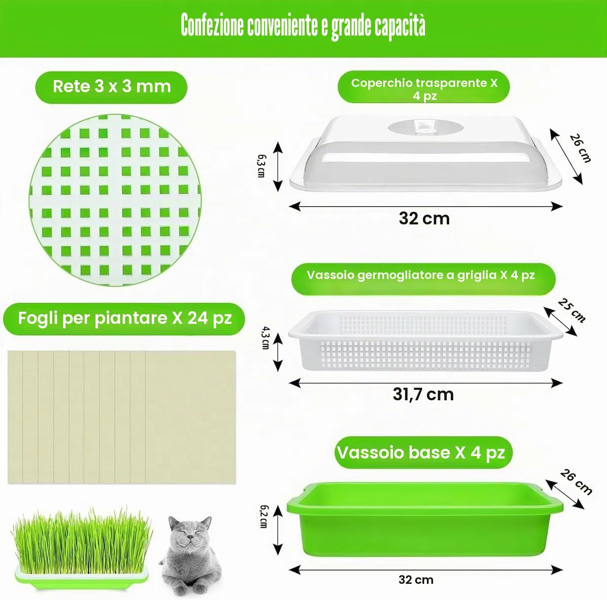 KAHEIGN 4 Pezzi Vassoi per Germinazione dei Semi con Coperchio, 32cm x 26cm Vassoio di Germinazione di Grande Capacità Propagatore Idroponico Sano Senza BPA con 24 Carte per Piantare per Coltivazione