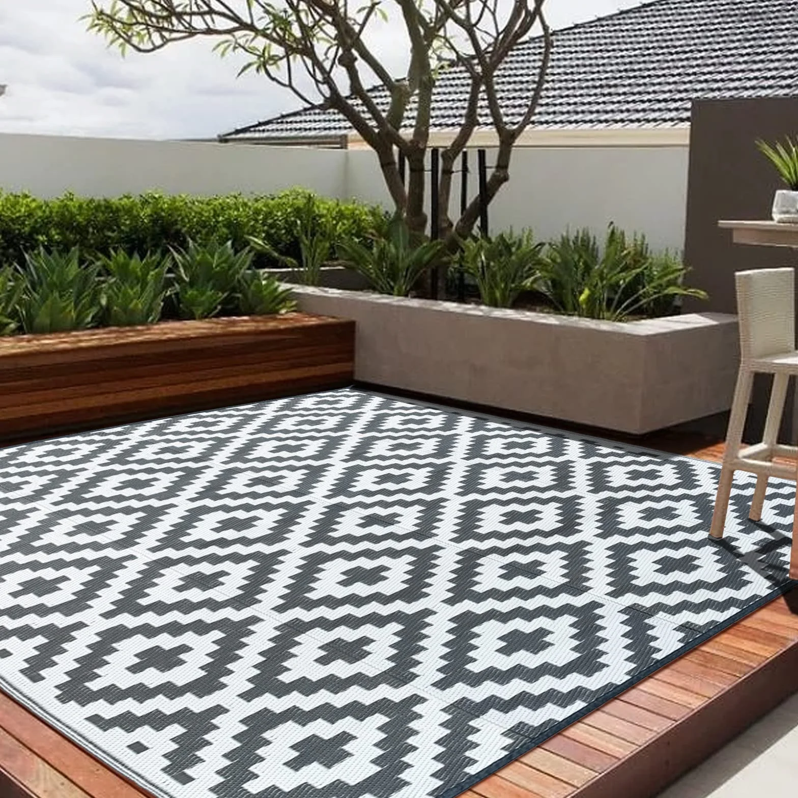 CHOSHOME Tappeto da Giardino Impermeabile 120x180CM Portatile Resistente ai Raggi UV in Plastica Riciclata per Interno ed Esterno - Balcone, Picnic, Spiaggia - Grigio